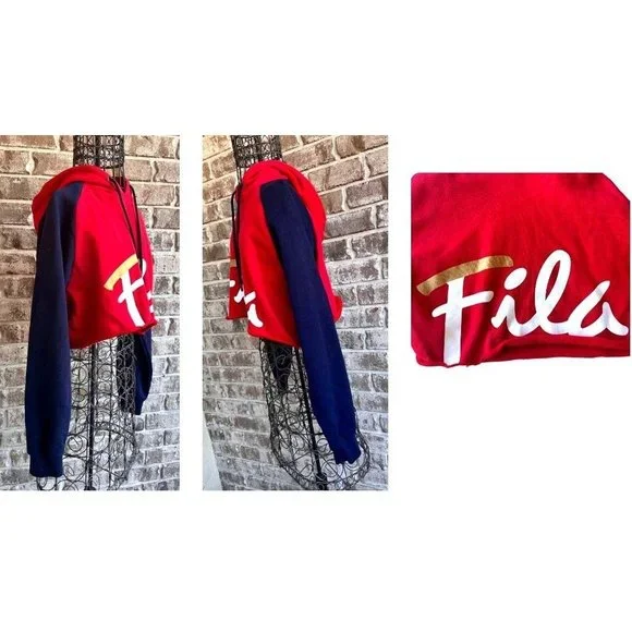NWOT Fila Cropped Hoodie Large Red Navy Drawstring Logo Fleece Lined Swe… - Picture 9 of 12
